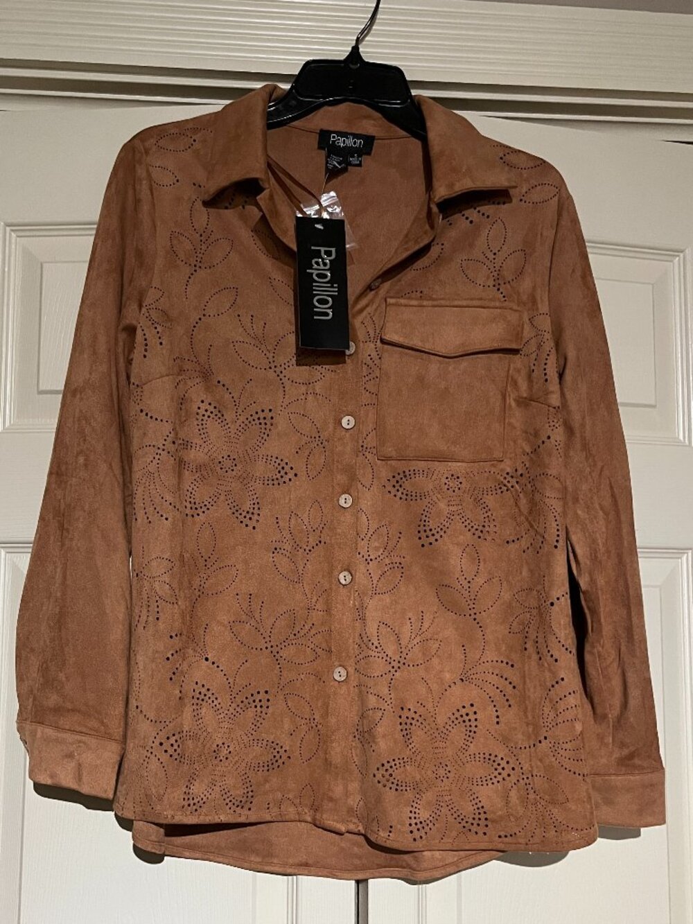 Papillion faux suede button front shirt jacket with pointelle design Rust Size S
